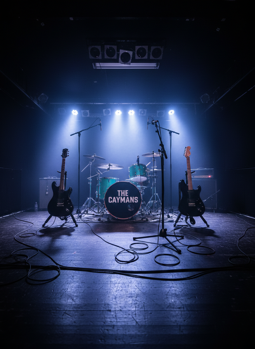 An empty indie rock stage at a small venue, dominated by a bold teal drum kit with “The Caymans” printed in crisp white on the bass drum head, flanked by two guitar stands holding sleek black instruments. Thick instrument cables zigzag across the dark, slightly sticky floor, glinting faintly. Overhead, moody stage lights in deep blue and purple cast beams of light through a fine haze, creating visible rays and dramatic backlighting. Photographic realism, wide-angle shot from the front row perspective, capturing the full stage with a sense of anticipation, bold energy, and raw live-show atmosphere.