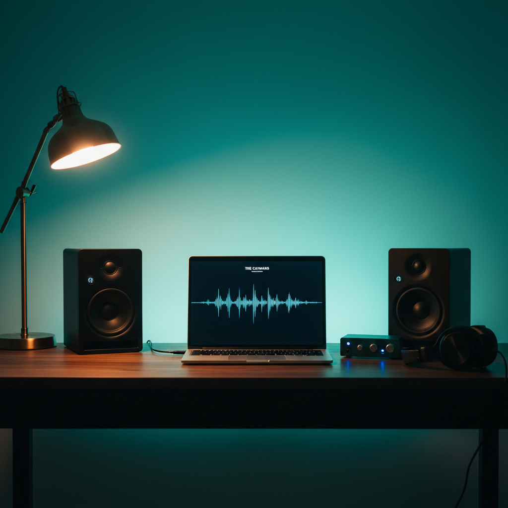 A minimalist studio desk setup for “The Caymans” with a sleek laptop displaying a waveform of an indie rock track, flanked by matte-black studio monitors on either side. A compact teal audio interface with glowing LEDs sits beside a pair of closed-back headphones on a dark walnut desktop. Ambient LED strip lighting washes the wall behind in a subtle teal gradient, while a small lamp provides warm, focused light on the desk surface, creating mixed-color contrast. Photographic realism, shot from a slightly elevated angle with crisp focus, conveying a bold yet clean, modern production environment for a music or videos page.
