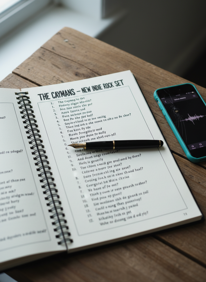 A close-up of a handwritten songbook open on a rough wooden table, its pages filled with bold, angular lyrics and chord charts titled “The Caymans – New Indie Rock Set.” A black fountain pen rests across the crease, and a smartphone with a cracked teal case lies nearby displaying a voice memo screen. Cool, diffused daylight comes from an unseen window, softening the paper texture while casting subtle shadows along the ink strokes. Photographic realism, top-down composition with selective focus on the song title, evoking a bold, introspective, creative process suitable for a lyrics or behind-the-scenes section.