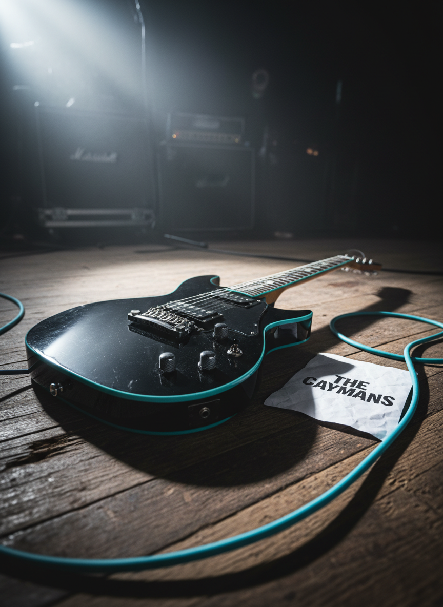 A glossy black electric guitar with turquoise detailing and a slightly worn pickguard lies diagonally across a weathered wooden stage floor, next to a coiled neon-blue instrument cable and a bold, minimalist setlist titled “The Caymans” in thick, sans-serif lettering. Harsh white stage spotlights slash in from the top left, carving sharp highlights along the guitar’s curves and casting elongated shadows across the planks. In the deep background, blurred amp stacks and mic stands fade into darkness. Photographic realism, shot from a low, three-quarter angle with a shallow depth of field, creating a bold, high-contrast, indie rock atmosphere suitable for a homepage hero image.