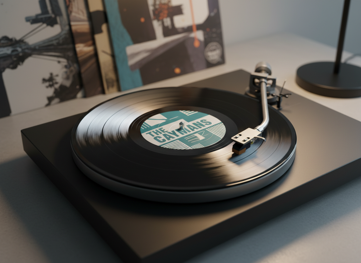 A close-up of a vinyl record labeled “The Caymans” spinning on a matte-black turntable with a brushed metal tonearm, set on a minimalist concrete surface. The record’s custom center label features bold teal and white geometric shapes, slightly blurred by the motion. Soft, warm side lighting from a desk lamp creates subtle reflections on the vinyl grooves and gentle shadows beneath the turntable. In the softly blurred background, there are stacked vinyl sleeves with abstract indie rock artwork in muted colors. Photographic realism, shot from a slightly elevated angle with shallow depth of field, giving a bold yet refined feel perfect for a discography or music section.