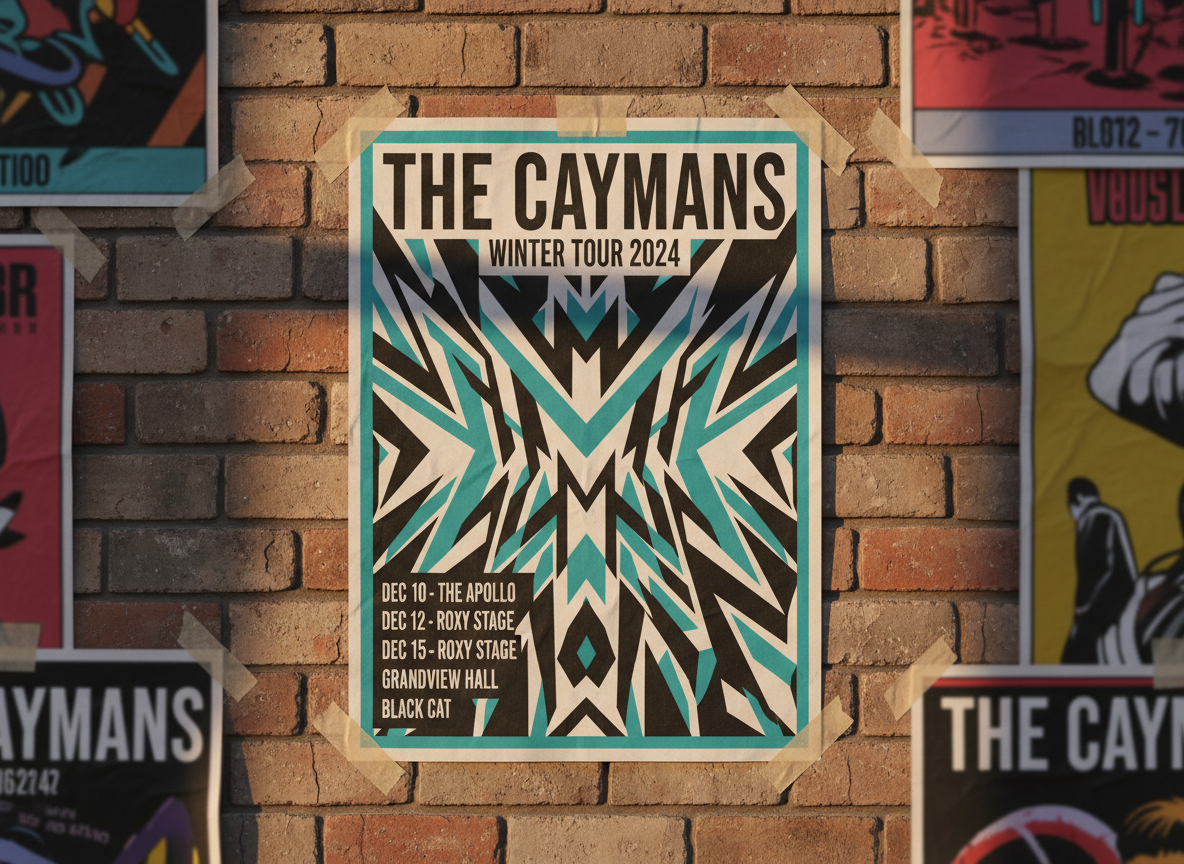 A bold concert poster mockup for “The Caymans” taped to a distressed brick wall, featuring sharp angular graphics in black, white, and vivid teal, with tour dates and venue names in clean, modern typography. The paper edges are slightly curled and wrinkled, suggesting it has weathered time and touch. Late-afternoon natural light streams in from the right, casting diagonal shadows from nearby architectural elements and emphasizing the brick texture. A few overlapping, out-of-focus posters in the background introduce layered color and depth. Photographic realism with an eye-level, straight-on composition, creating a strong, graphic, indie rock show-announcement aesthetic.